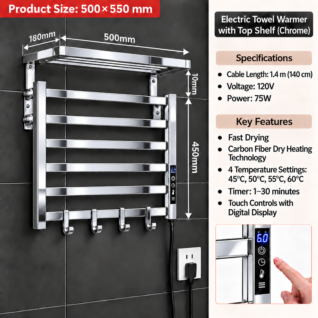 Wall-mounted electric towel warmer with five horizontal chrome towel bars, a top shelf, and a digital touch control panel, shown on a dark tiled wall with product dimensions and feature specifications listed on the right.