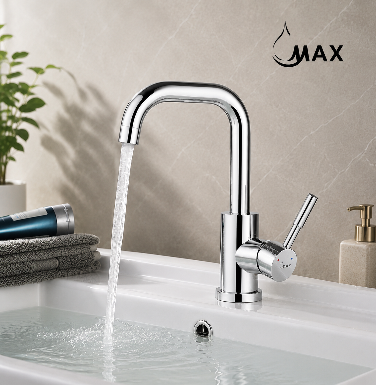 MAX Faucets chrome bathroom faucet with side handle and 360° swivel spout.