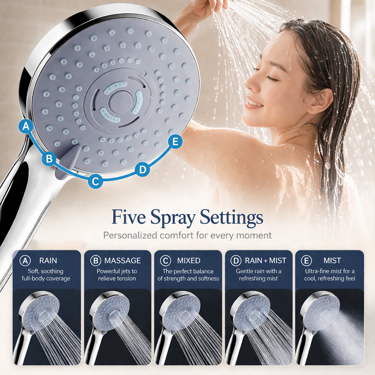 Chrome round handheld shower with five spray settings by MAX Faucets