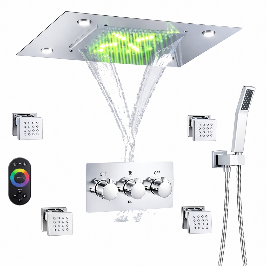 MAX Faucets chrome LED ceiling shower system with 20x14 rainfall and waterfall shower head, handheld shower and 4 body jets installed on modern wall