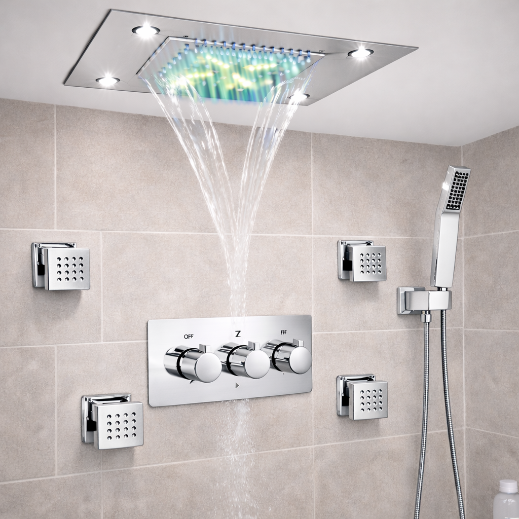 MAX Faucets chrome LED ceiling shower system with 20x14 rainfall and waterfall shower head, handheld shower and 4 body jets installed on modern wall