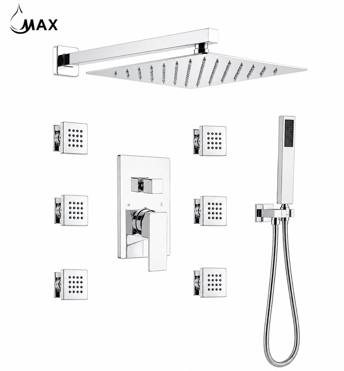 Luxury white marble bathroom featuring MAX Faucets chrome shower system with rainfall shower head and 6 body jets