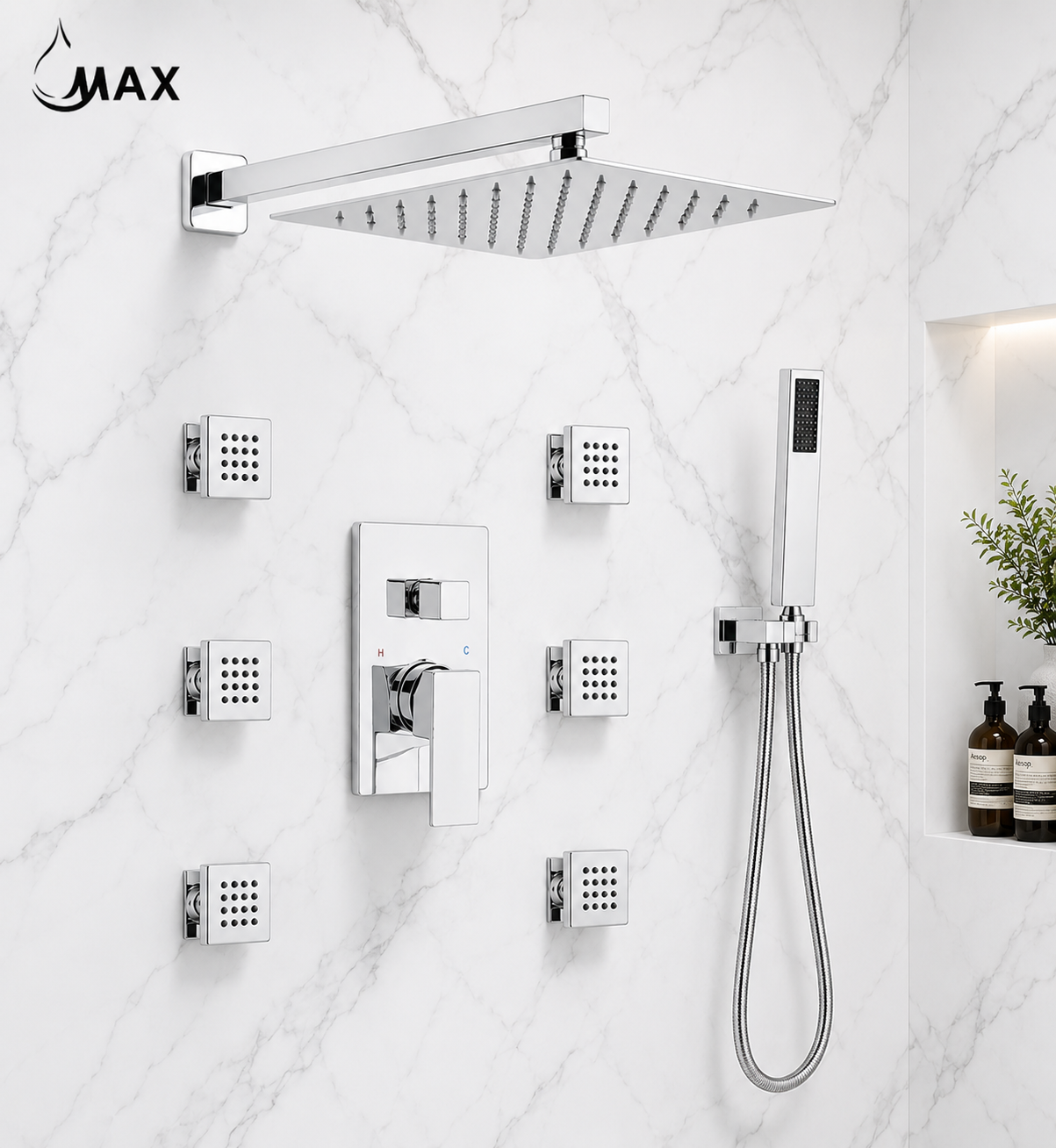 Luxury white marble bathroom featuring MAX Faucets chrome shower system with rainfall shower head and 6 body jets