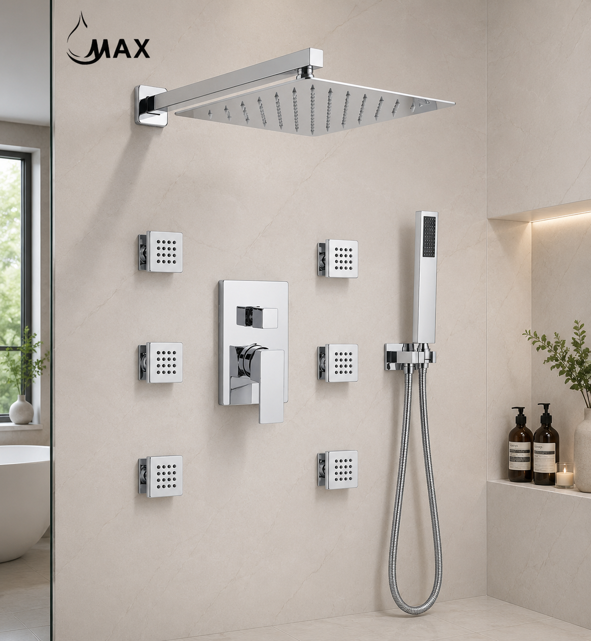 Modern spa bathroom with chrome rainfall shower system and body spray jets