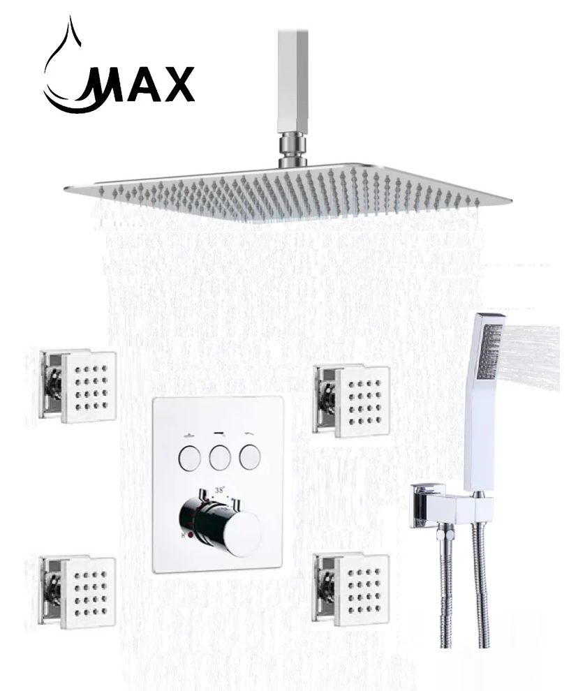 MAX Faucets chrome thermostatic ceiling shower system with 4 body jets, handheld shower and rainfall shower head