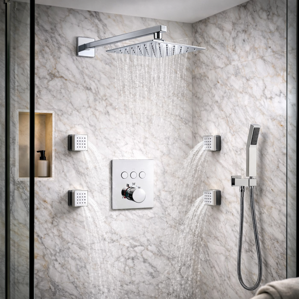 MAX Faucets chrome thermostatic shower system with 4 body jets, handheld shower and rainfall shower head