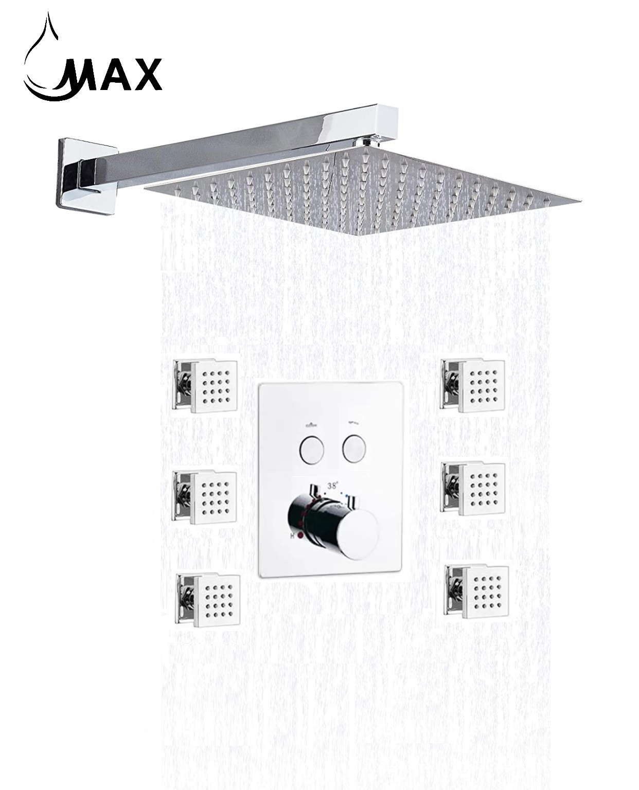 MAX Faucets chrome thermostatic shower system with 6 body jets and rainfall shower head