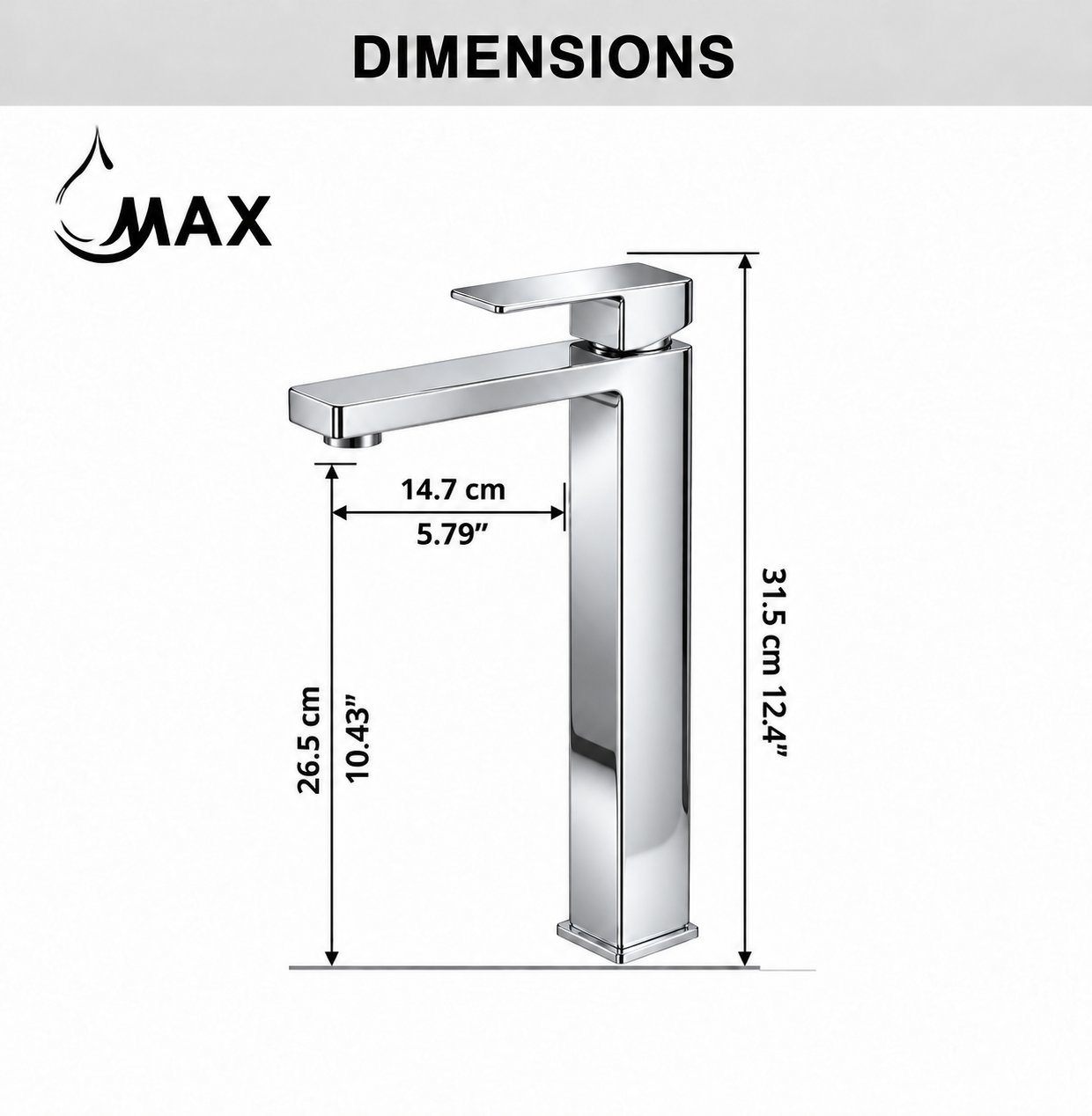 A tall modern single-handle bathroom faucet with dimension annotations showing height and width measurements on a white background, with the text 'DIMENSIONS' at the top and a 'MAX' logo in the upper left.