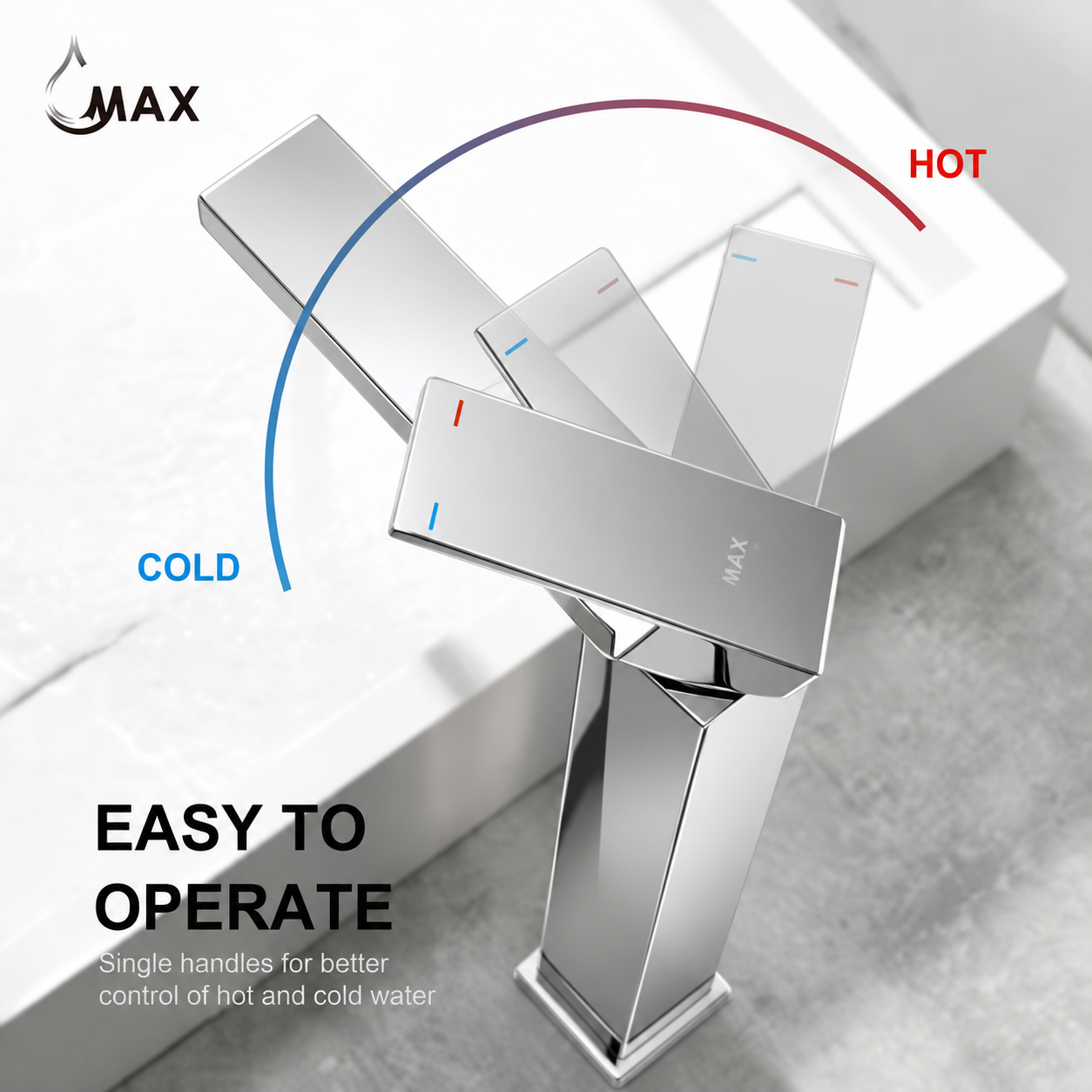 A modern chrome single-handle bathroom faucet with water running into a pair of hands, shown over a white sink. The faucet has a sleek rectangular spout and a flat control plate with red and blue temperature indicators.