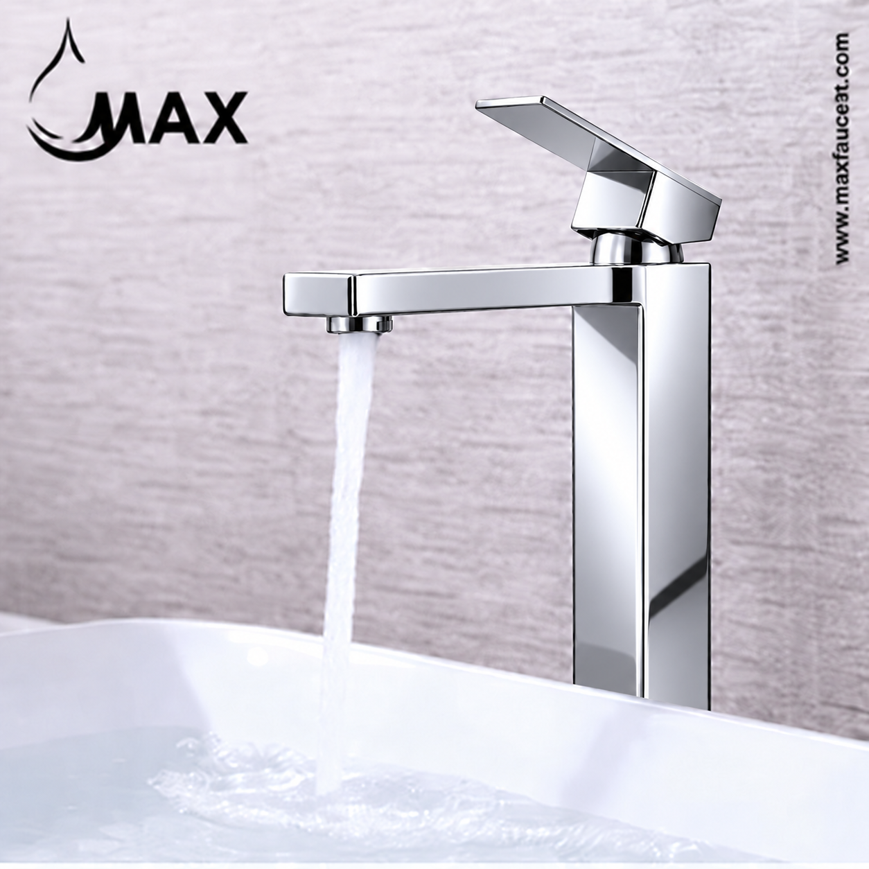 A modern chrome single-handle bathroom faucet with water running from the spout, mounted above a white sink. The background is a textured light gray wall, and the brand name MAX is visible in the top left corner.