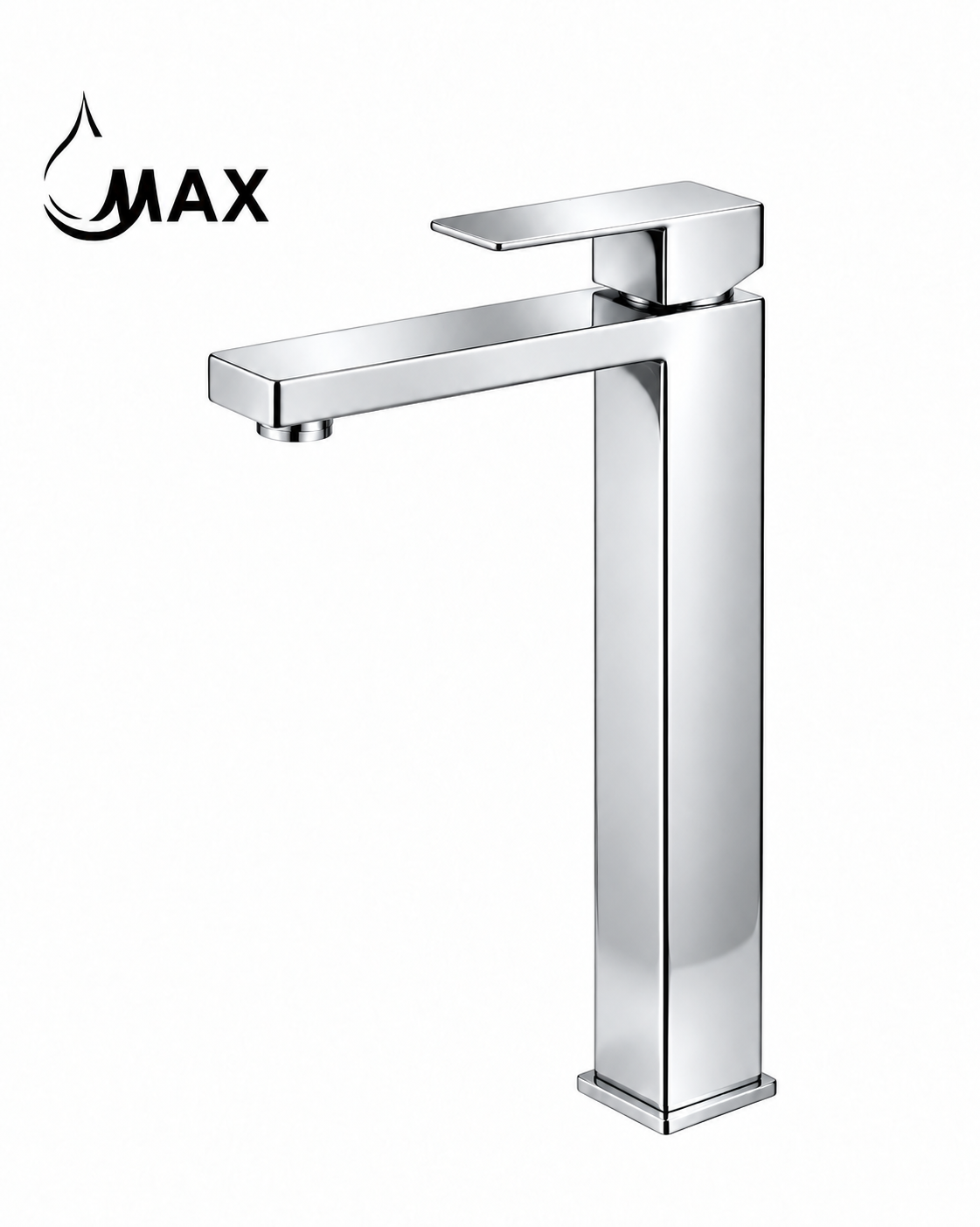 A modern high-arc chrome bathroom faucet with a single lever handle, shown on a plain white background with a black 'MAX' brand logo in the top-left corner.