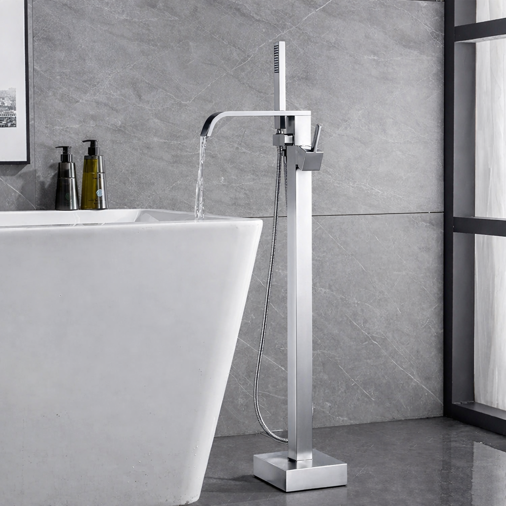 Waterfall Spout Tub Filler Faucet Single Handle Floor Mounted With Rough-In And Handheld Chrome Finish HM-8022W-C.