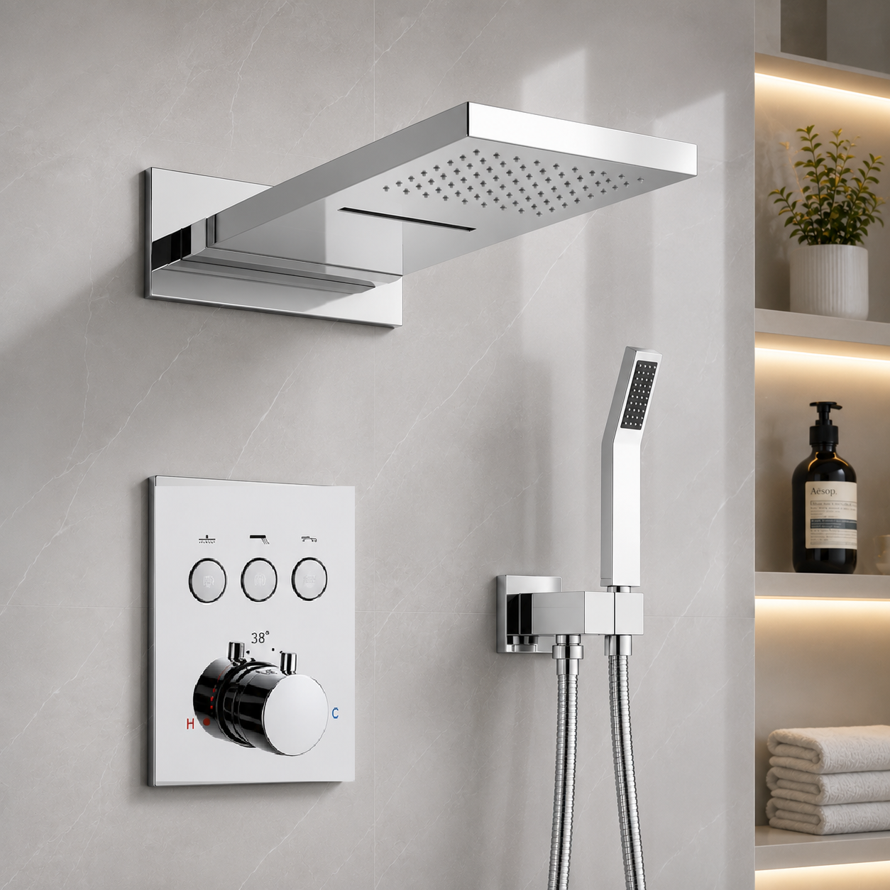 MAX Faucets thermostatic shower system with 22 inch waterfall and rainfall shower head, handheld shower and pressure balance valve in chrome