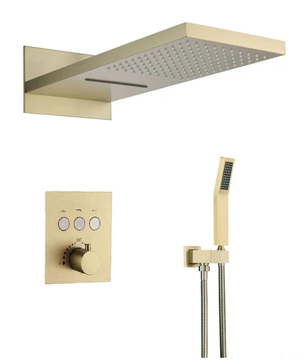 A luxury thermostatic shower system with a brushed gold finish, featuring a wall-mounted dual-function shower head, a handheld shower unit, and control knobs.