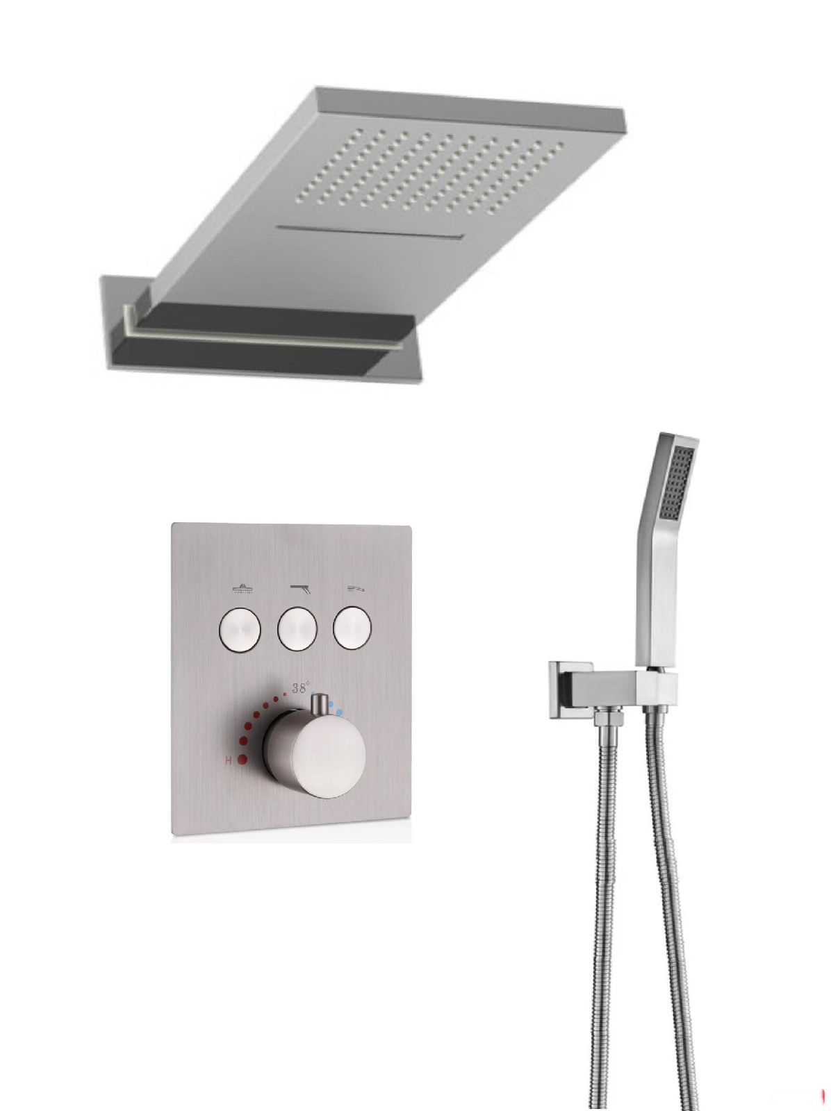 A thermostatic shower system set with a brushed nickel finish, including a dual-function shower head, a valve control, and a handheld shower unit.