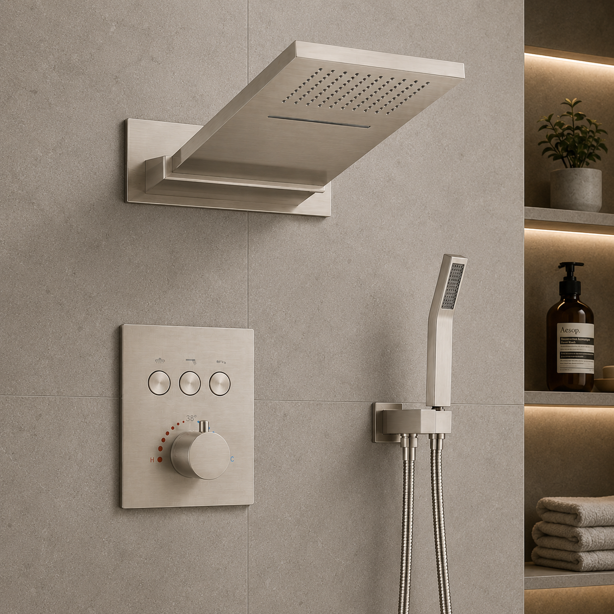 Modern shower system with rain shower head, control panel, and handheld shower on a tiled wall.