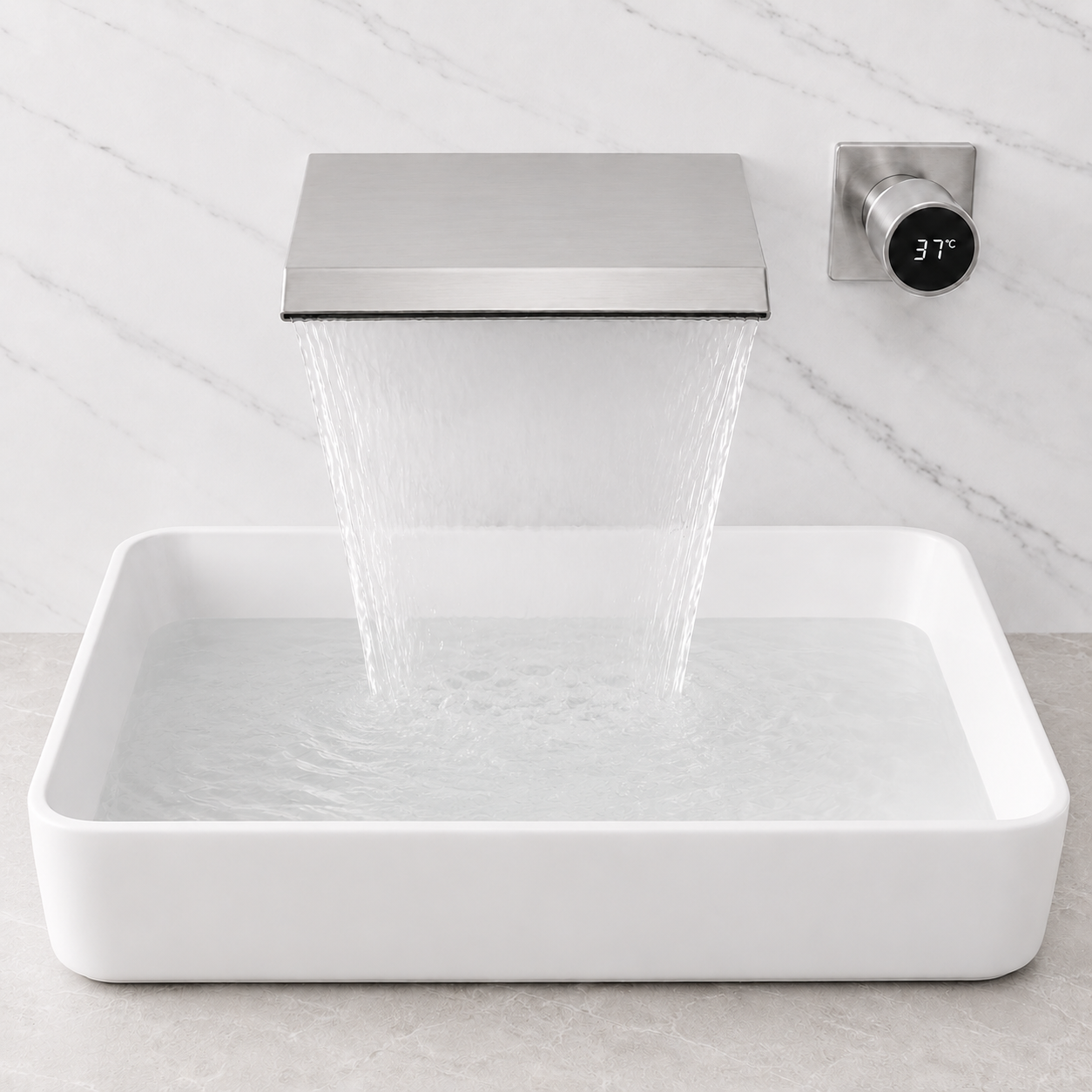 MAX Faucets | Digital Display Wall-Mounted Waterfall Bathroom Faucet – Brushed Nickel