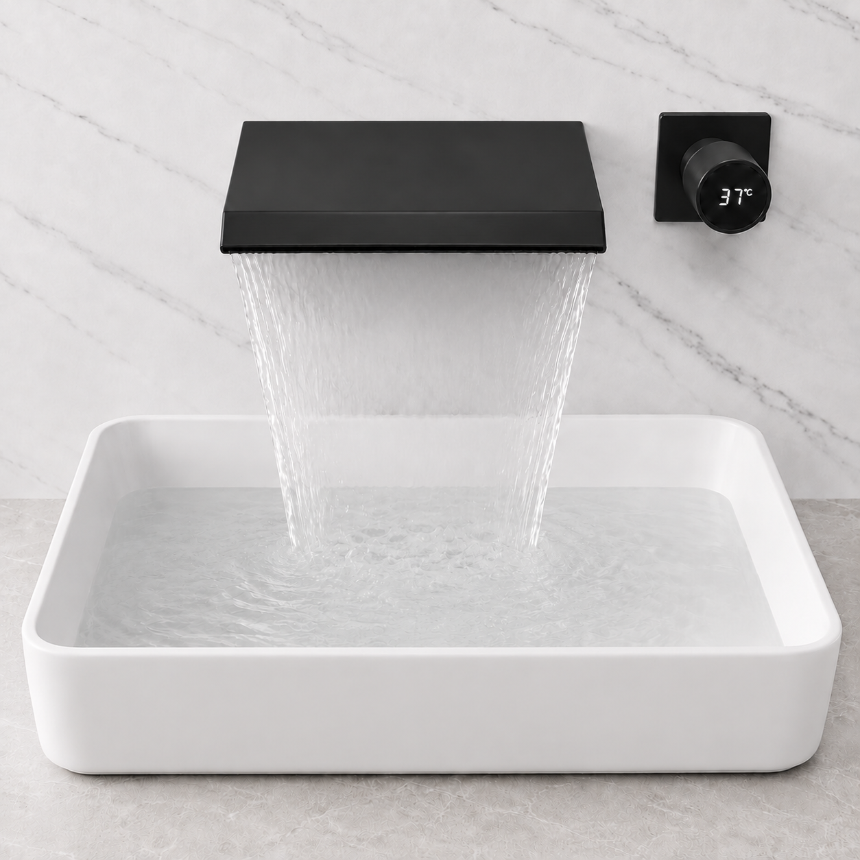 A modern matte black wall-mounted waterfall faucet with a rectangular basin, shown with water flowing into a white ceramic sink against a light marble-look wall.