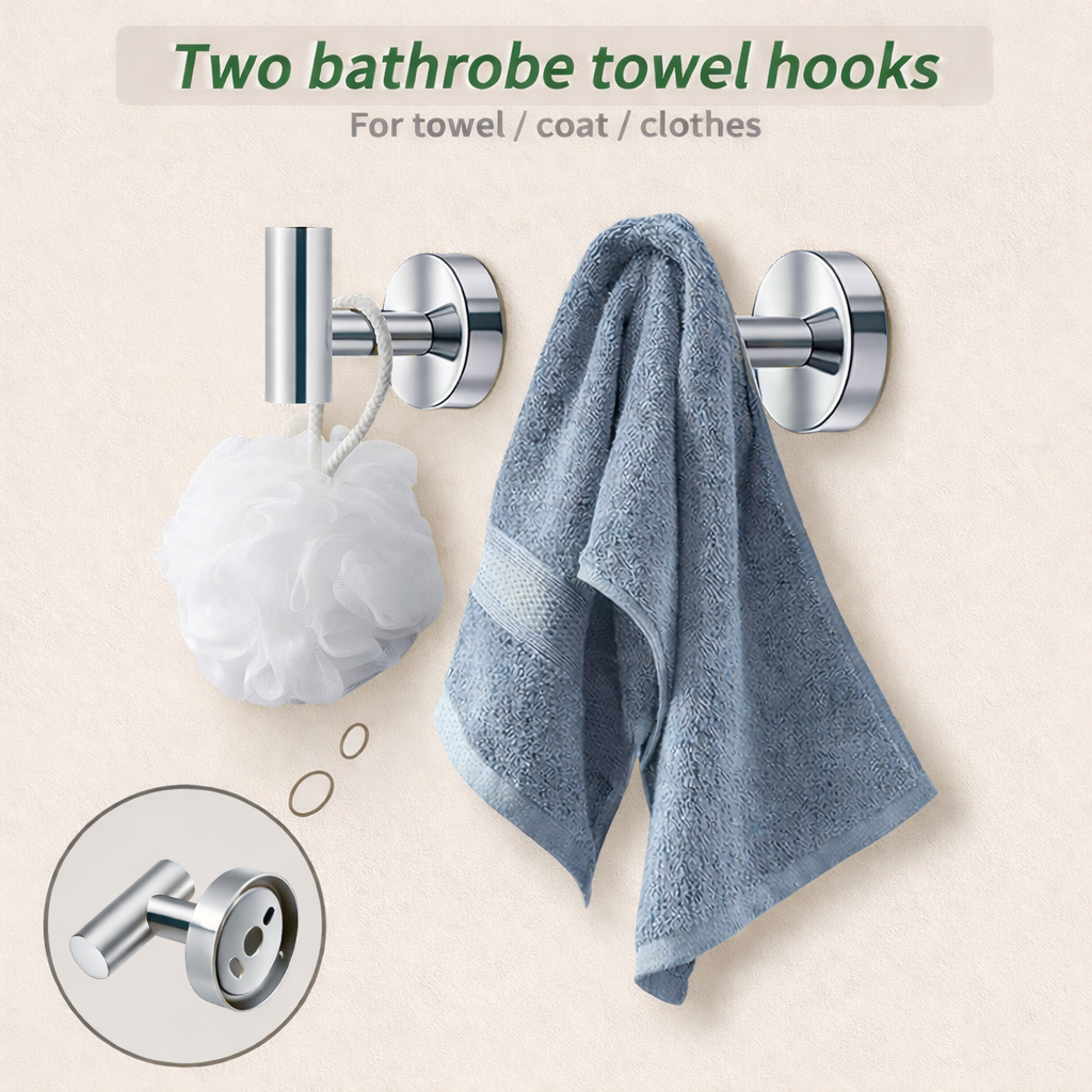 Set of two chrome robe hooks for towels, coats, and clothes in bathroom
