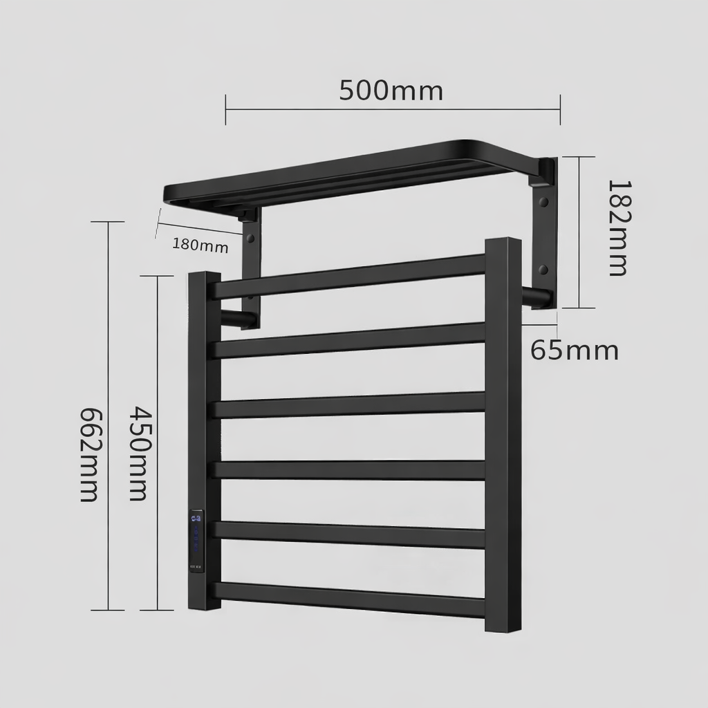Black electric towel warmer rack dimensions 500mm width 450mm height wall mounted with shelf