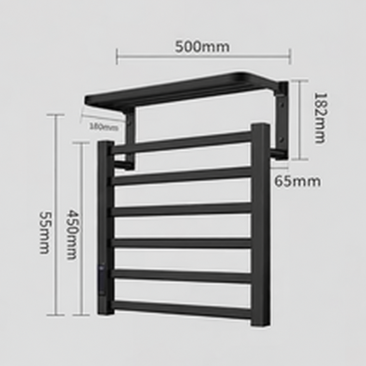 Black electric towel warmer rack dimensions: 500 mm width 550mm height, wall-mounted with shelf
