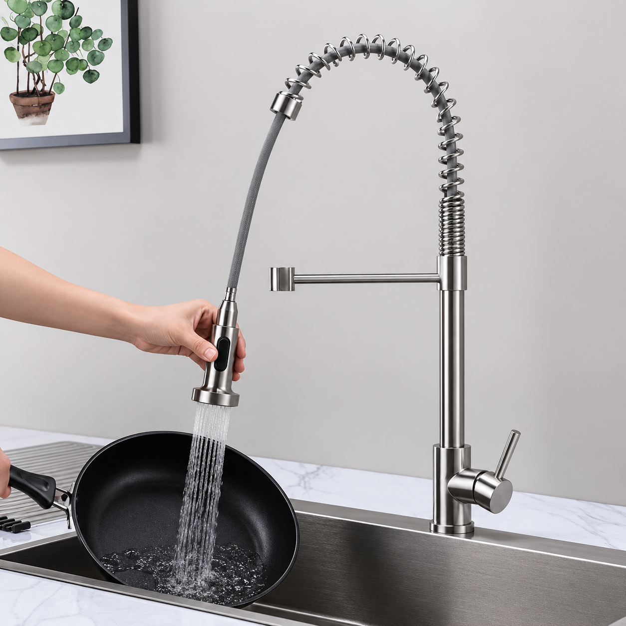 Pull-out spring kitchen faucet with extended flexible hose and retractable spray head in brushed nickel