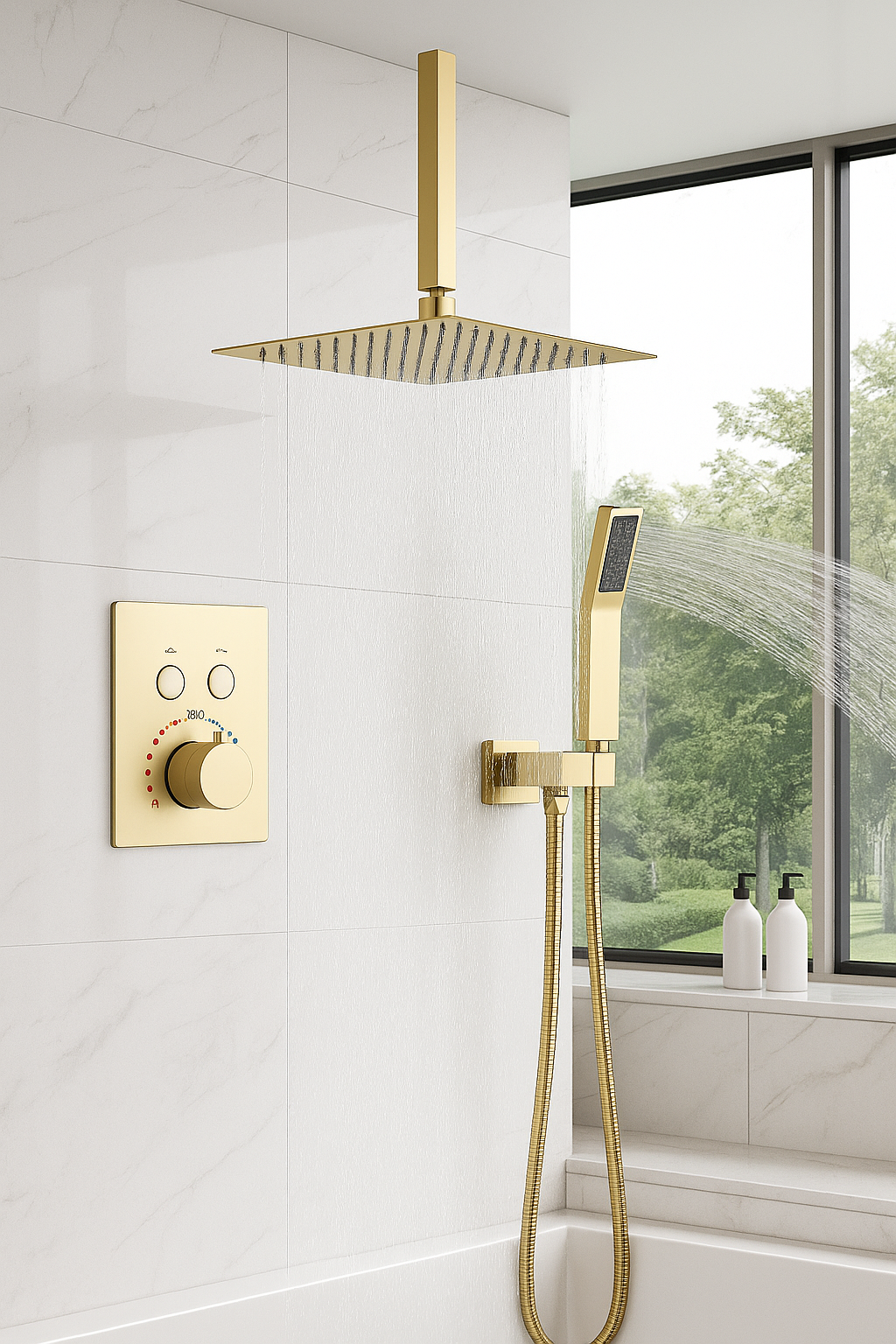 Ceiling Thermostatic Shower System Two Functions With Push-buttons Pressure Balance Valve Brushed Gold Finish