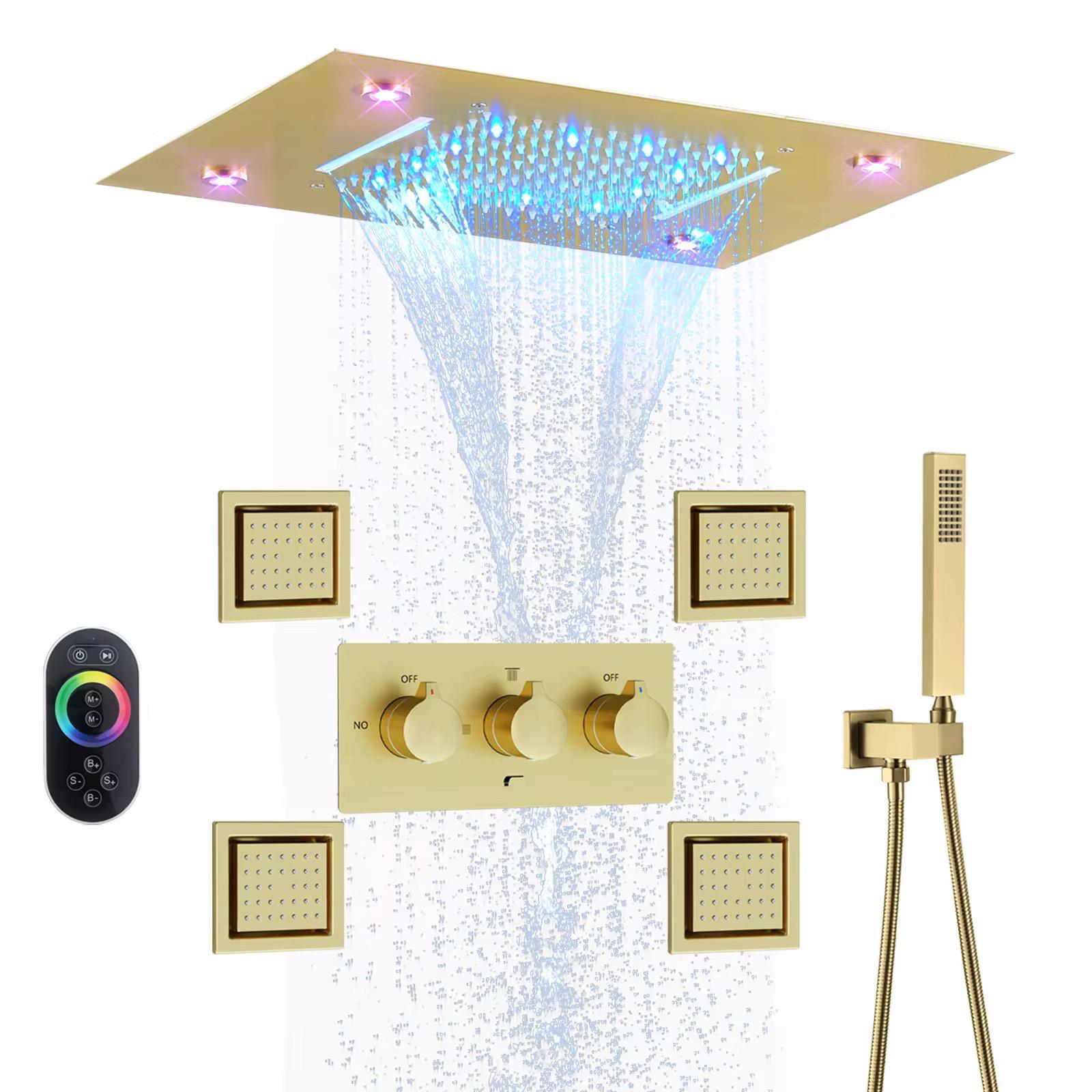 MAX Faucets Luxury Ceiling Shower System – 4-Function Shower Set with 20” x 14” LED Rainfall & Waterfall Shower Head, Remote Control, Pressure Balance Valve, Handheld Shower & 4 Body Jets (Brushed Gold)