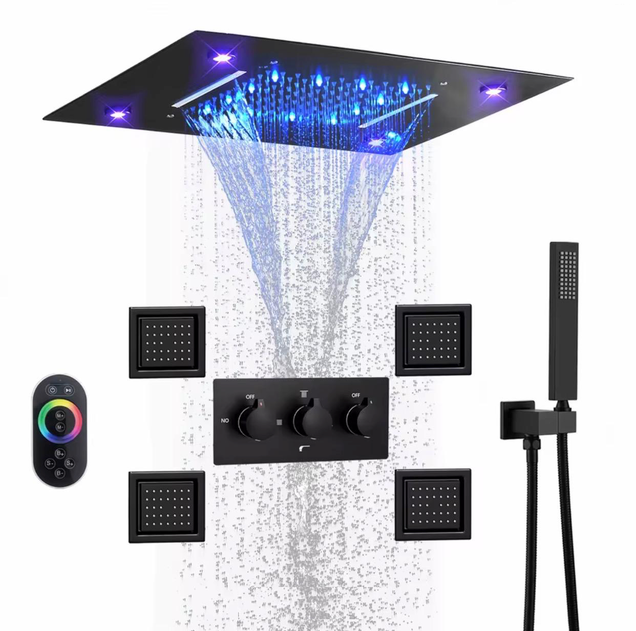MAX Faucets 4-function LED ceiling shower system in matte black with rainfall and waterfall modes
