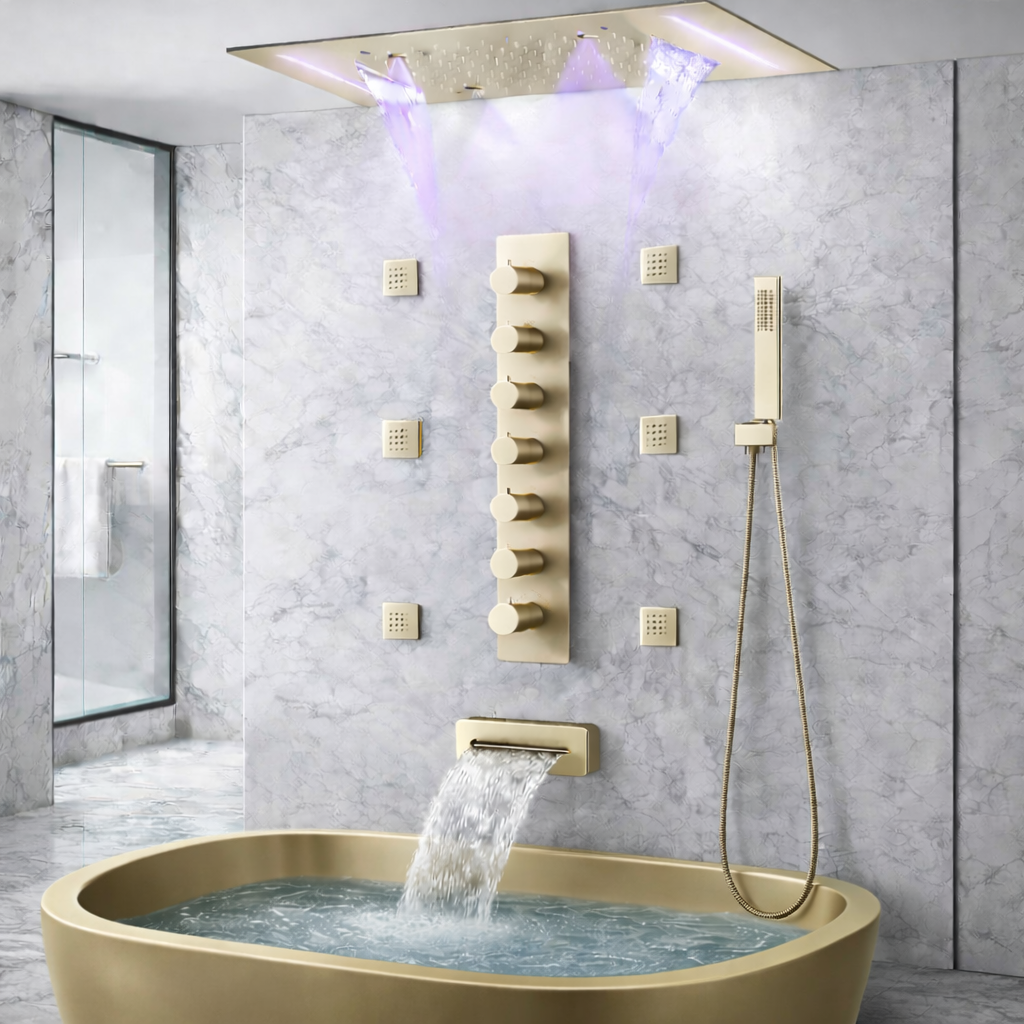 MAX Faucets Luxury Ceiling Thermostatic Shower System in Brushed Gold with 20” x 14” LED rainfall, waterfall and mist shower head installed in modern bathroom