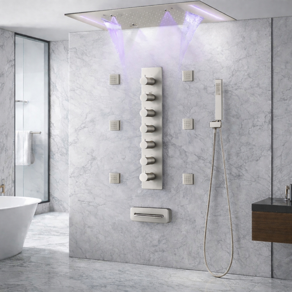 MAX Faucets Luxury Ceiling Thermostatic Shower System in Brushed Nickel with 20” x 14” LED rainfall, waterfall and mist shower head installed in modern bathroom