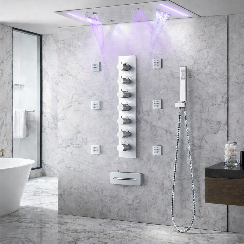 MAX Faucets Luxury Ceiling Thermostatic Shower System in Polished Chrome with 20” x 14” LED rainfall, waterfall and mist shower head installed in modern bathroom