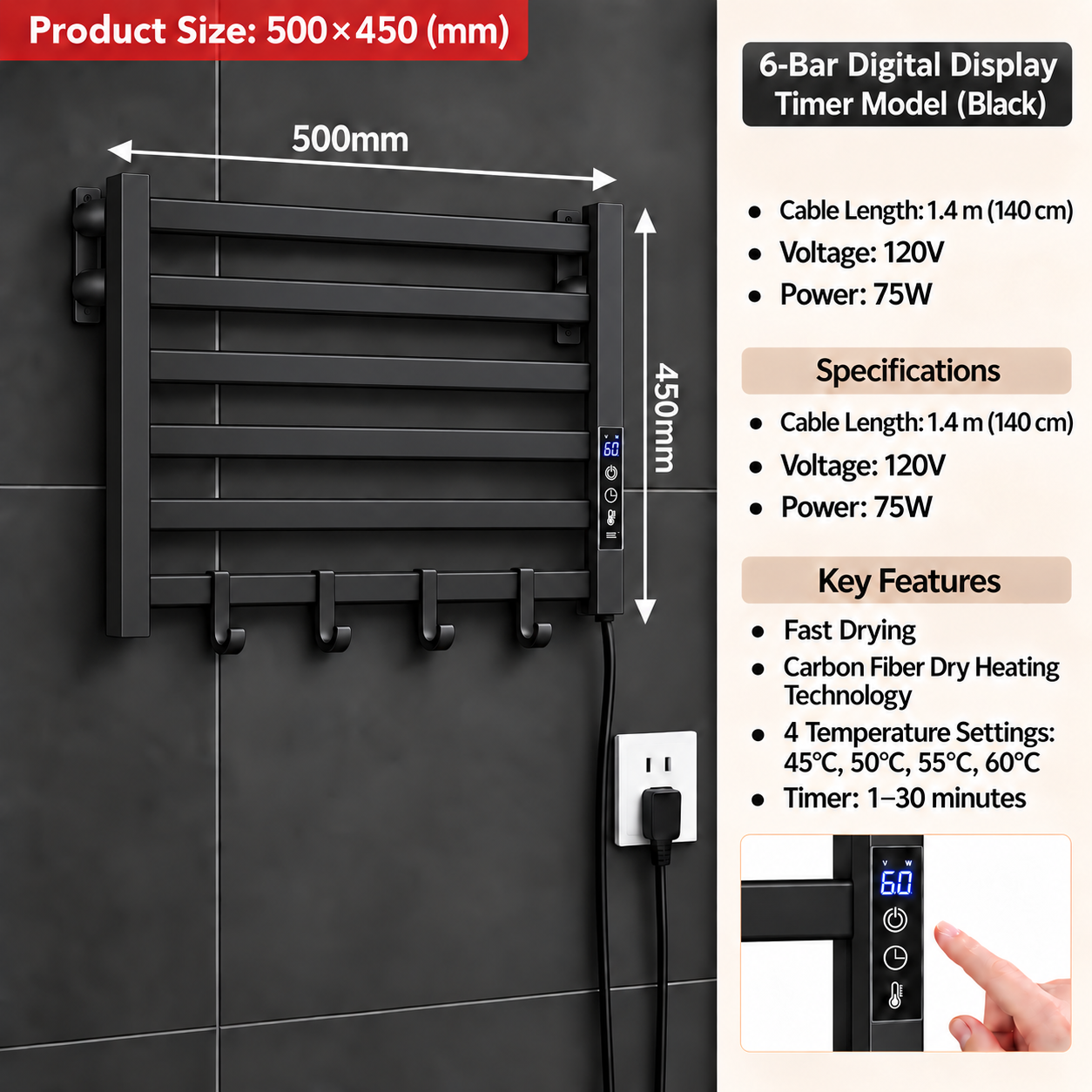 MAX Faucets matte black 6-bar electric towel warmer, 500 × 450 mm, with touch controls, digital display, hanging hooks, four temperature settings and a 1–30 minute timer