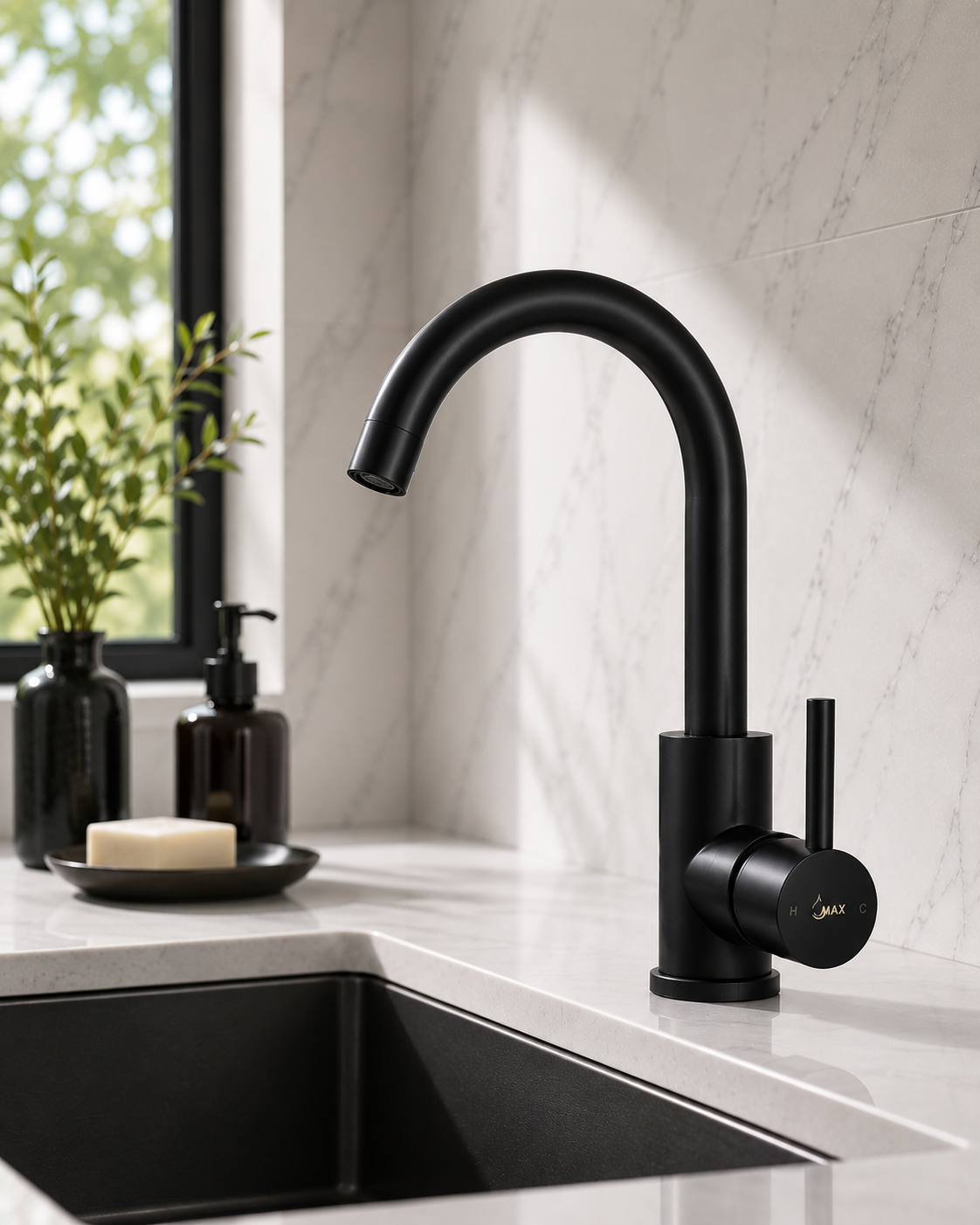 MAX Faucets matte black bathroom faucet with side handle and 360° swivel gooseneck spout