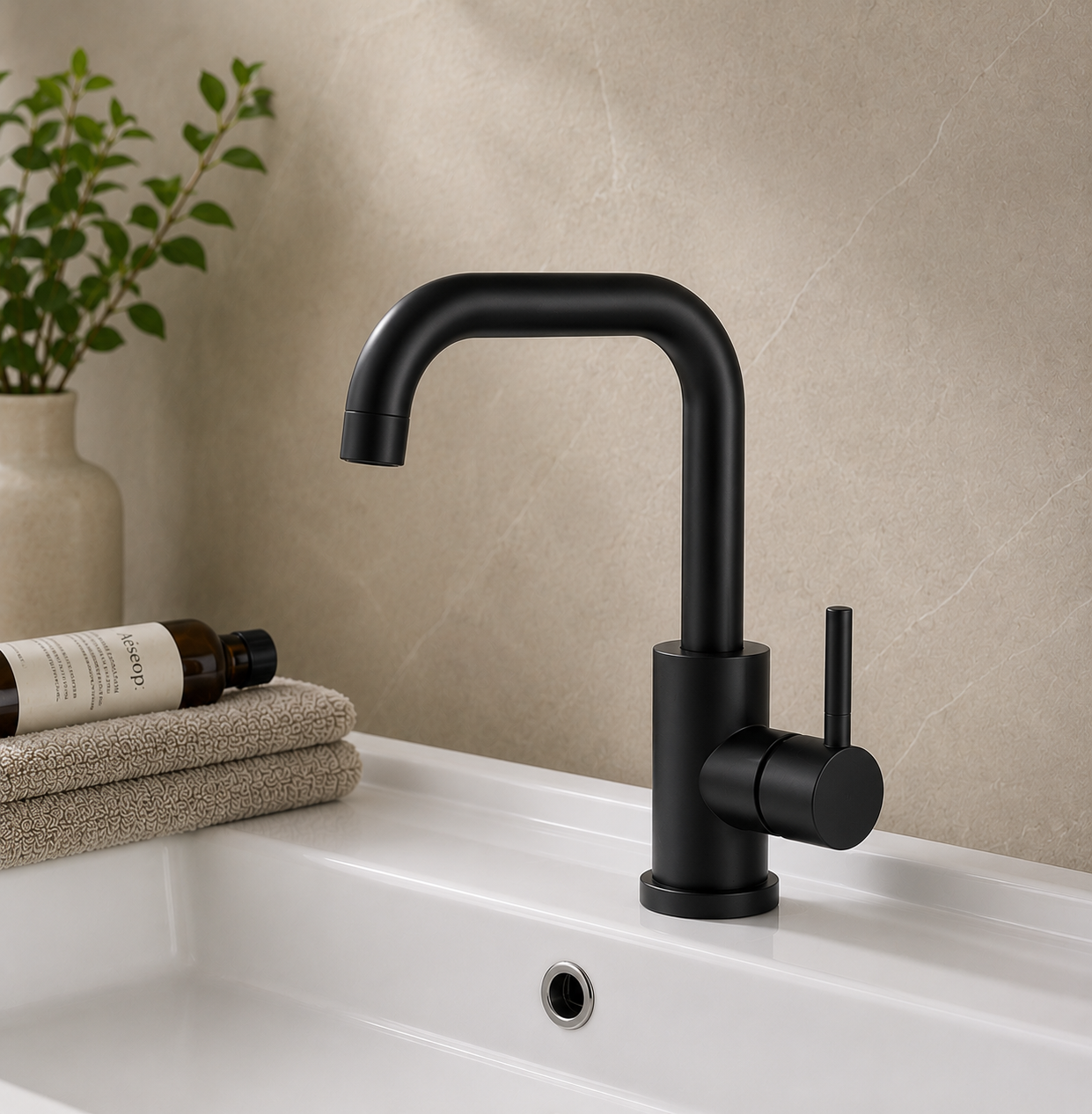 MAX Faucets matte black bathroom faucet with side handle and 360° swivel spout.