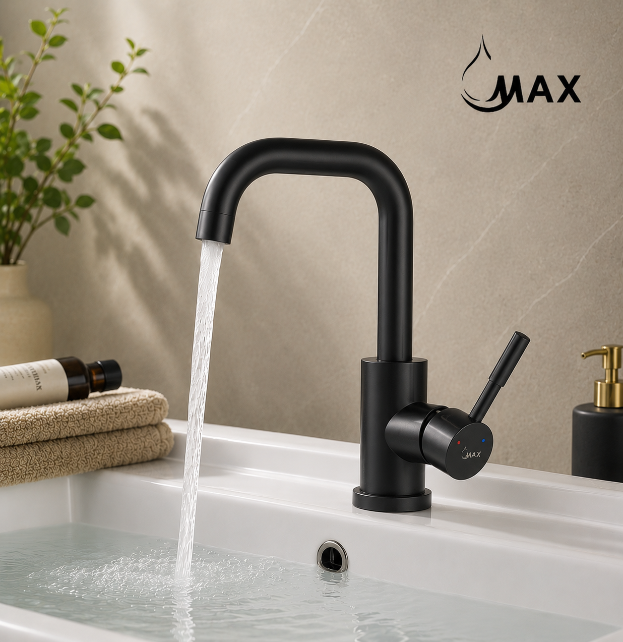 MAX Faucets matte black bathroom faucet with side handle and 360° swivel spout.