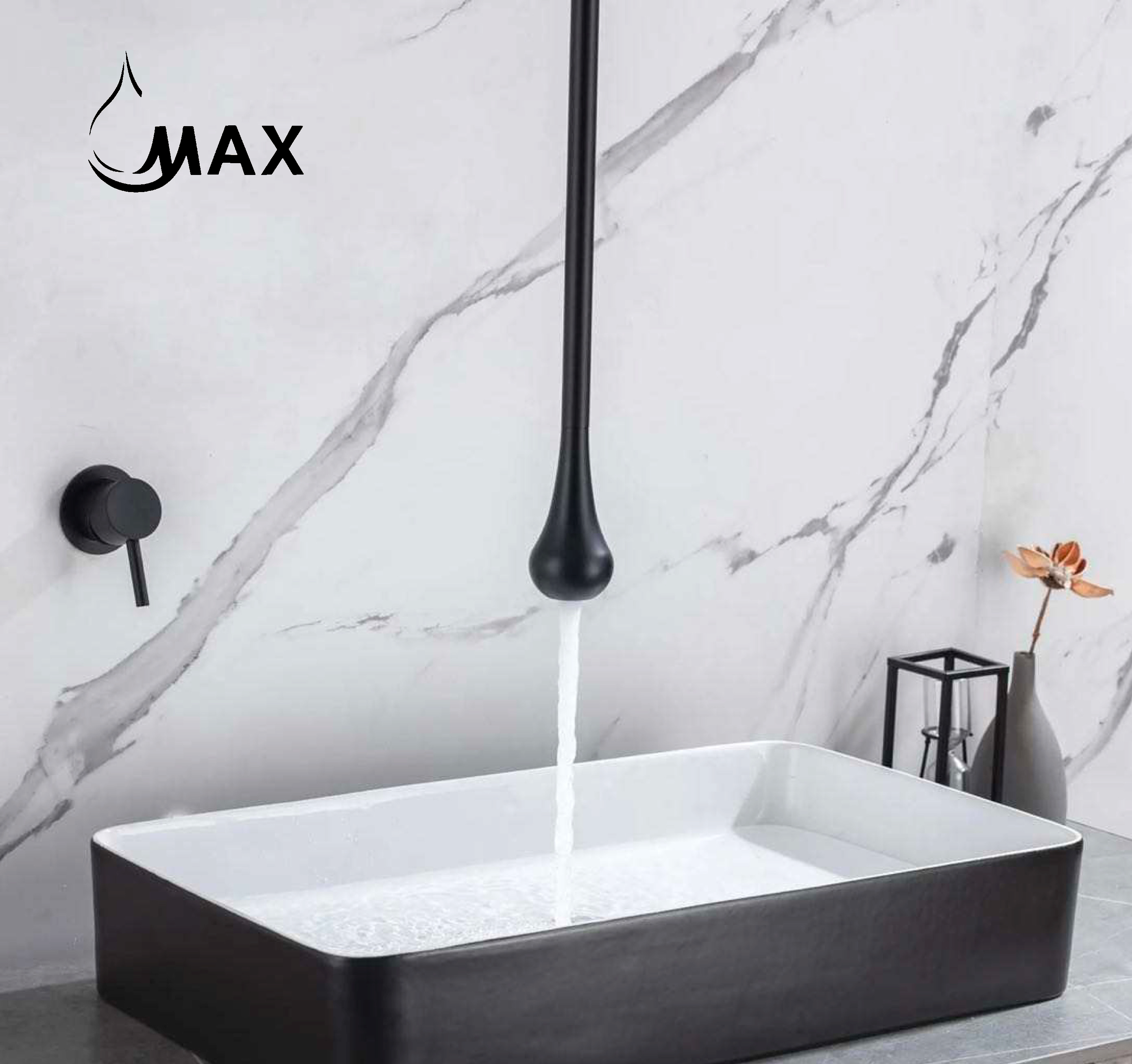 MAX Faucets matte black ceiling-mounted bathroom faucet with wall-mounted hand control above a modern vessel sink