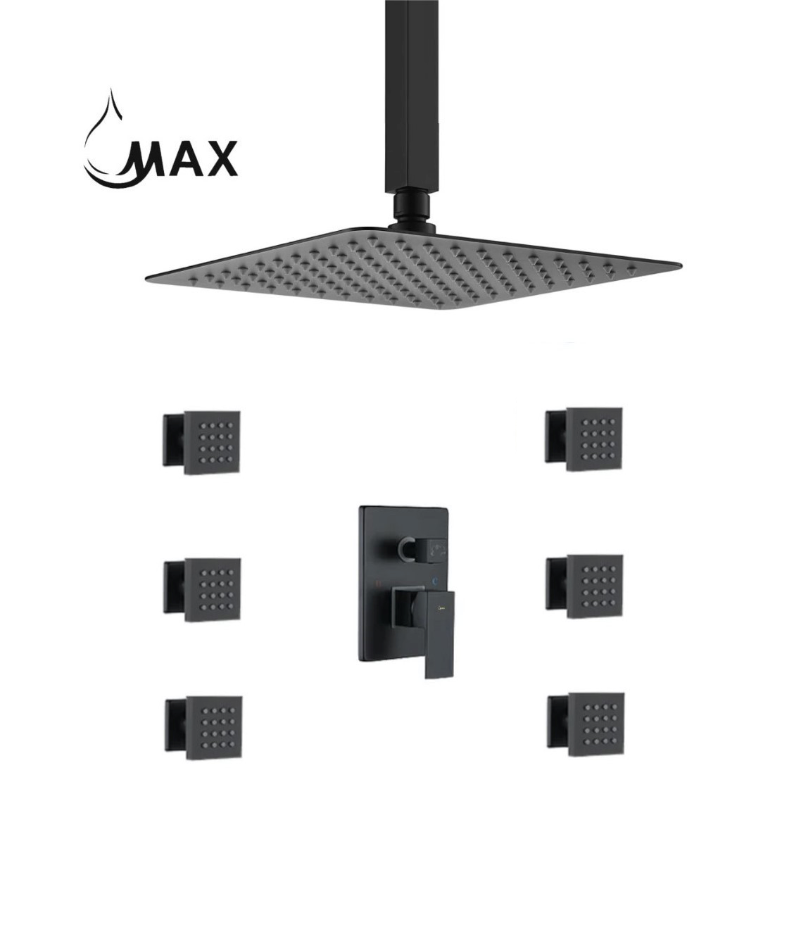 MAX Faucets matte black ceiling shower system with 6 body jets