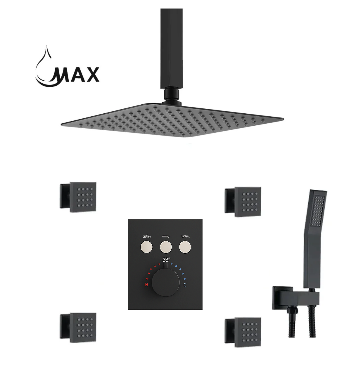 MAX Faucets matte black ceiling thermostatic shower system with rainfall showerhead, handheld shower, and 4 body jets