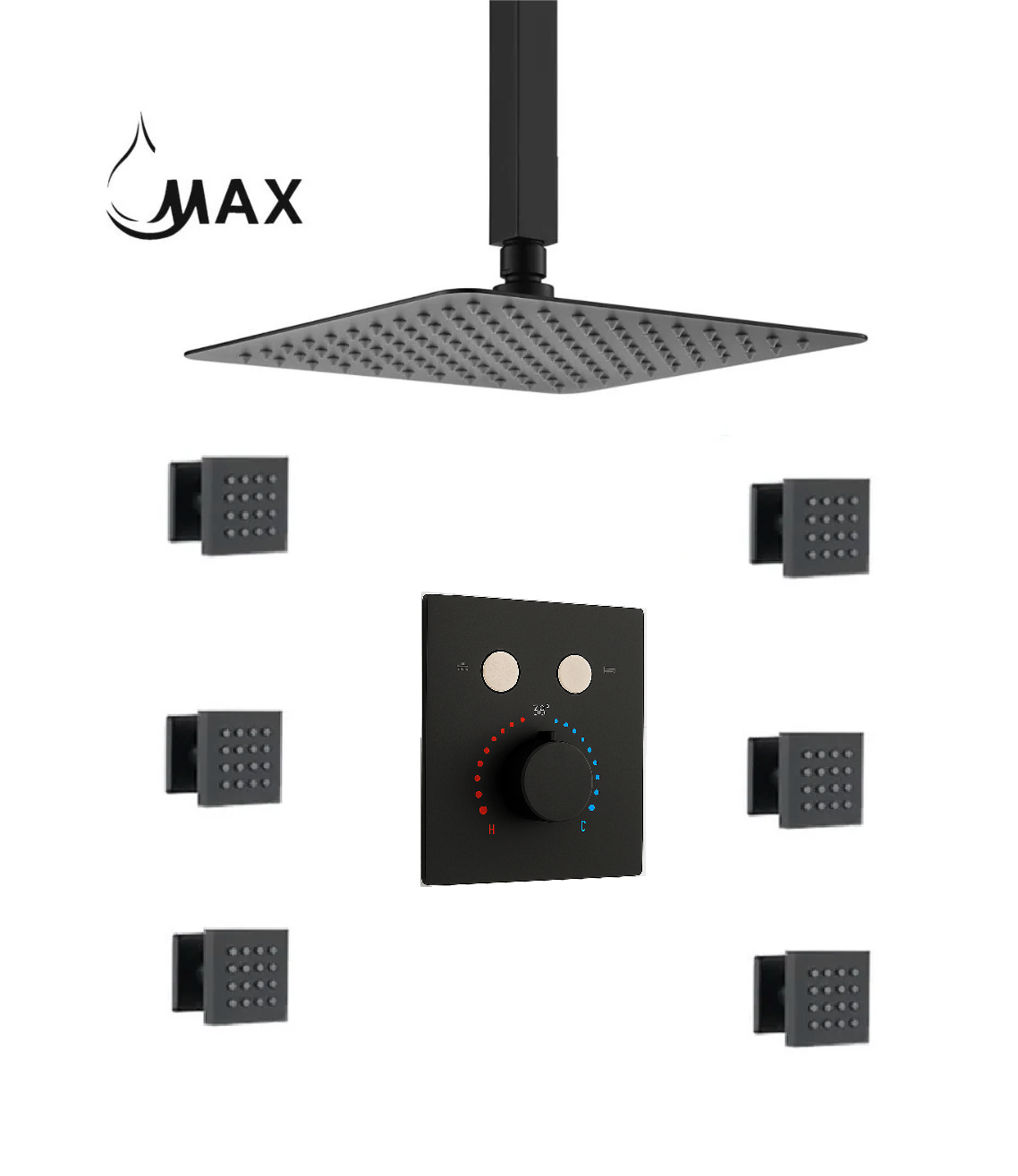 MAX Faucets matte black ceiling thermostatic shower system with 6 body jets and rainfall shower head