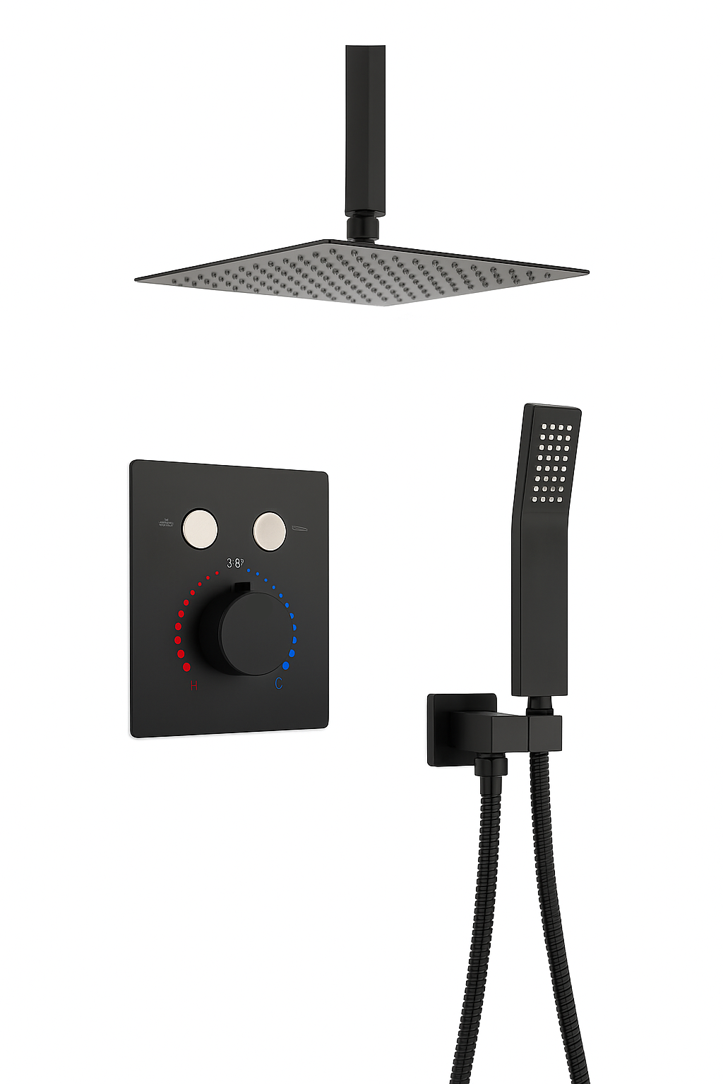 MAX Faucets | Ceiling Thermostatic Shower System Two Functions With Push-buttons Pressure Balance Valve Matte Black Finish