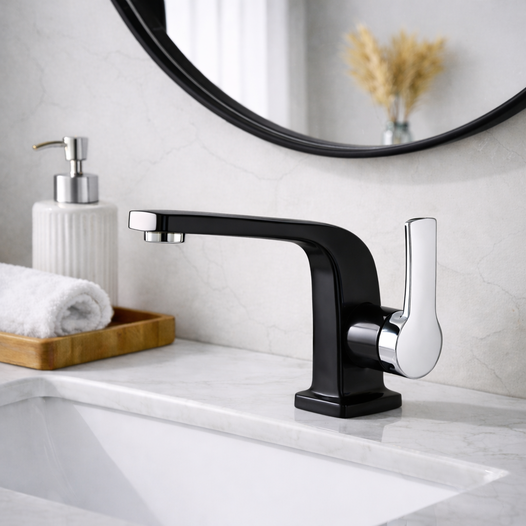 MAX Faucets matte black and chrome bathroom faucet with modern side handle