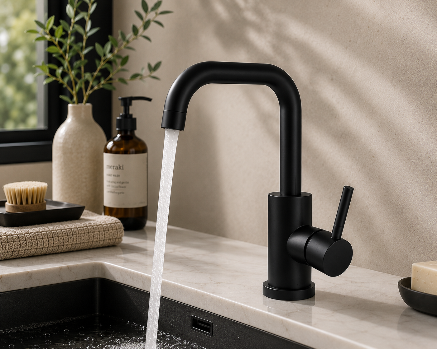 Premium matte black bathroom faucet with high-arc gooseneck spout by MAX Faucets.