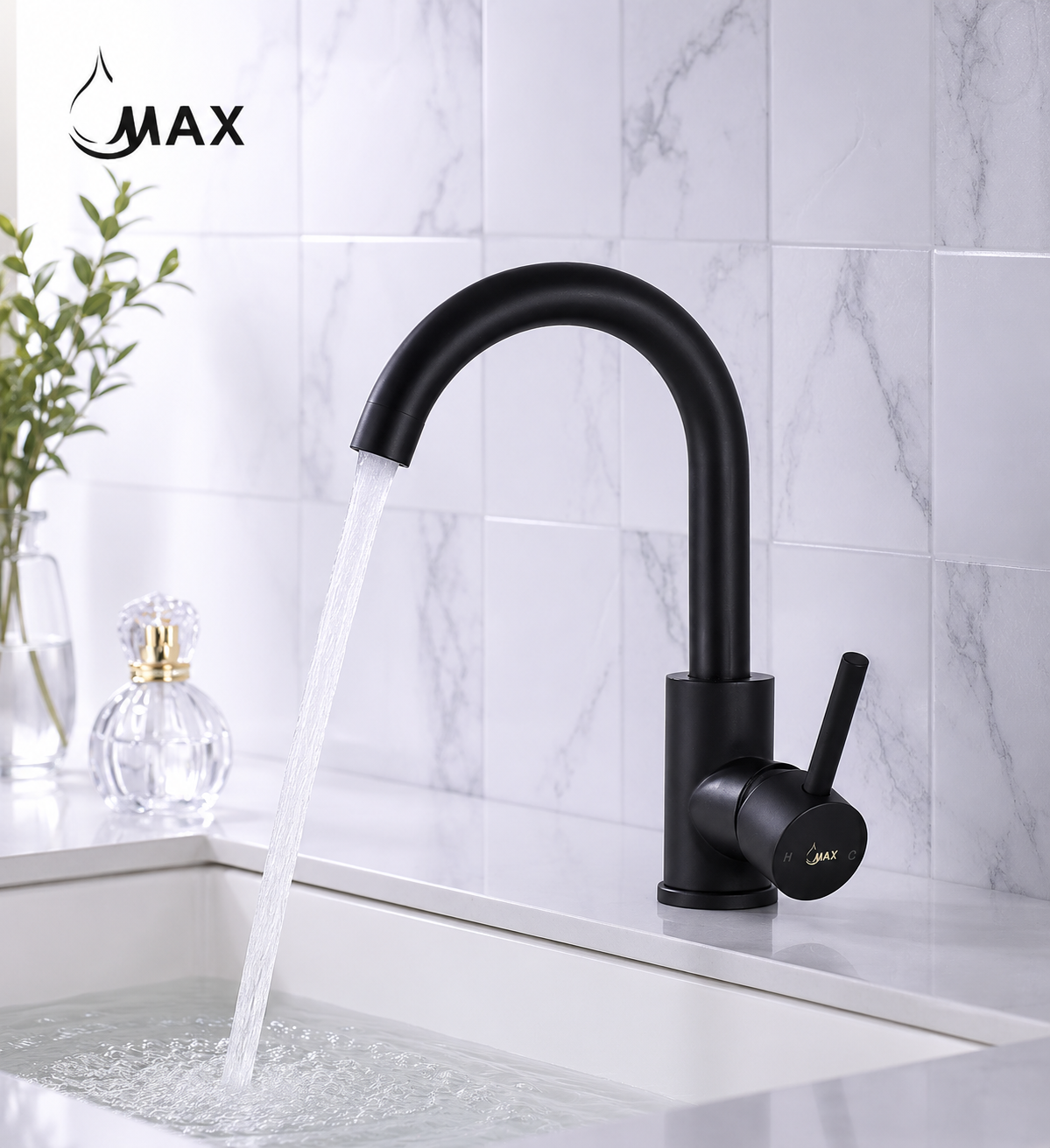 MAX Faucets matte black bathroom faucet with side handle and 360° swivel gooseneck spout