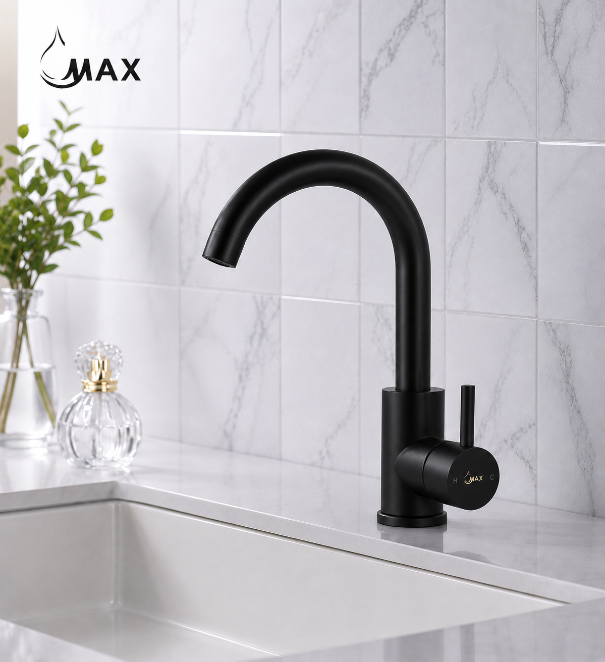 MAX Faucets matte black bathroom faucet demonstrating 360-degree swivel spout functionality.