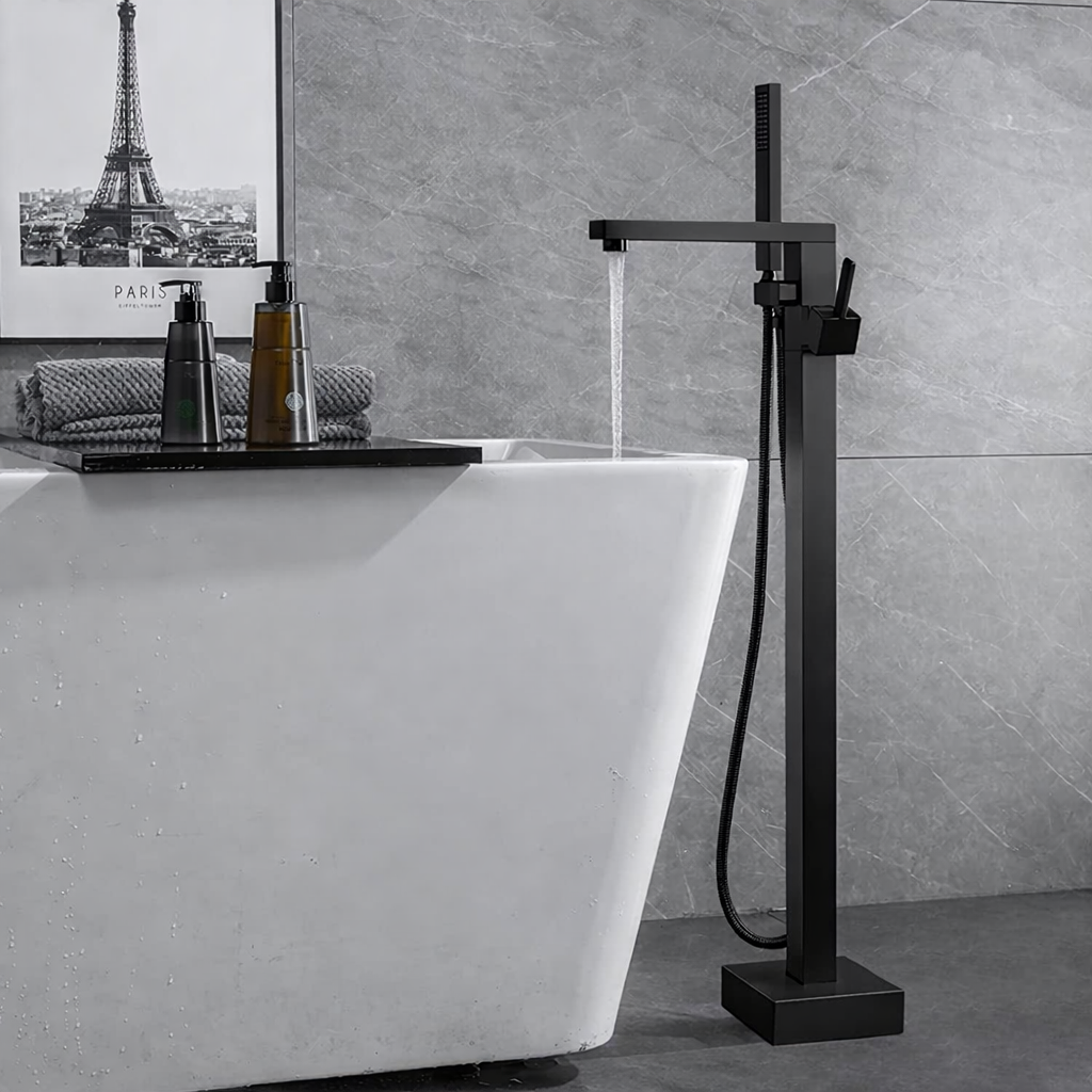 MAX Faucets | Freestanding Bathtub Faucet Floor Mounted Tub Filler Faucet Single Handle With Rough-In And Handheld Matte Black Finish 
SKU: HM-8011W-MB
