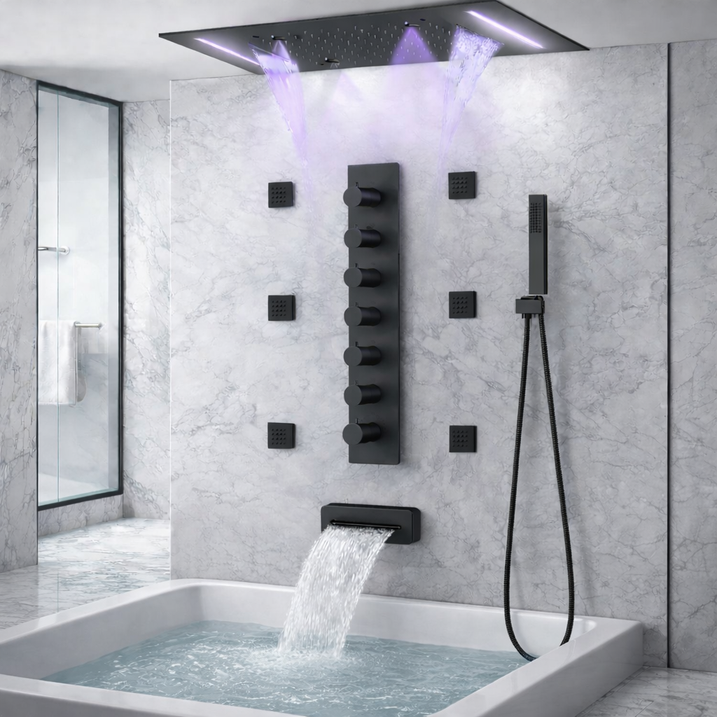 Modern bathroom featuring MAX Faucets matte black LED rainfall shower system with body jets