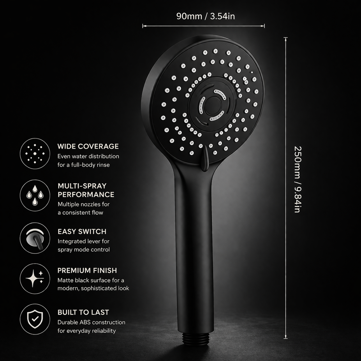 Matte black round handheld shower with five spray settings by MAX Faucets