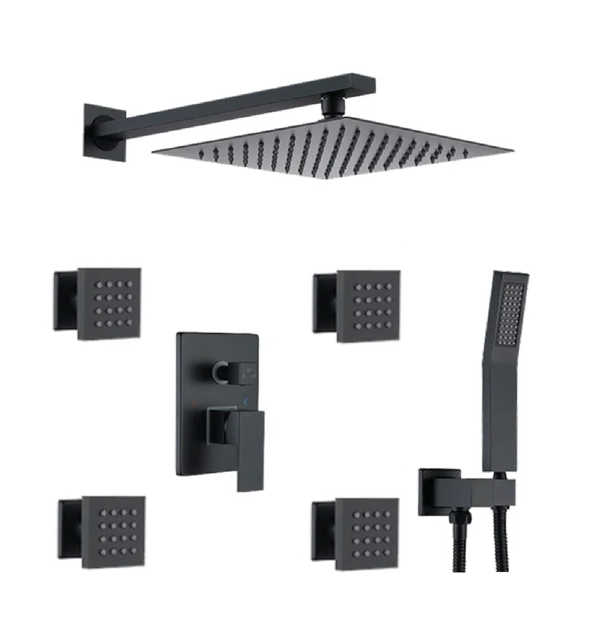 MAX Faucets matte black shower system with 4 body jets, handheld shower and rainfall shower head