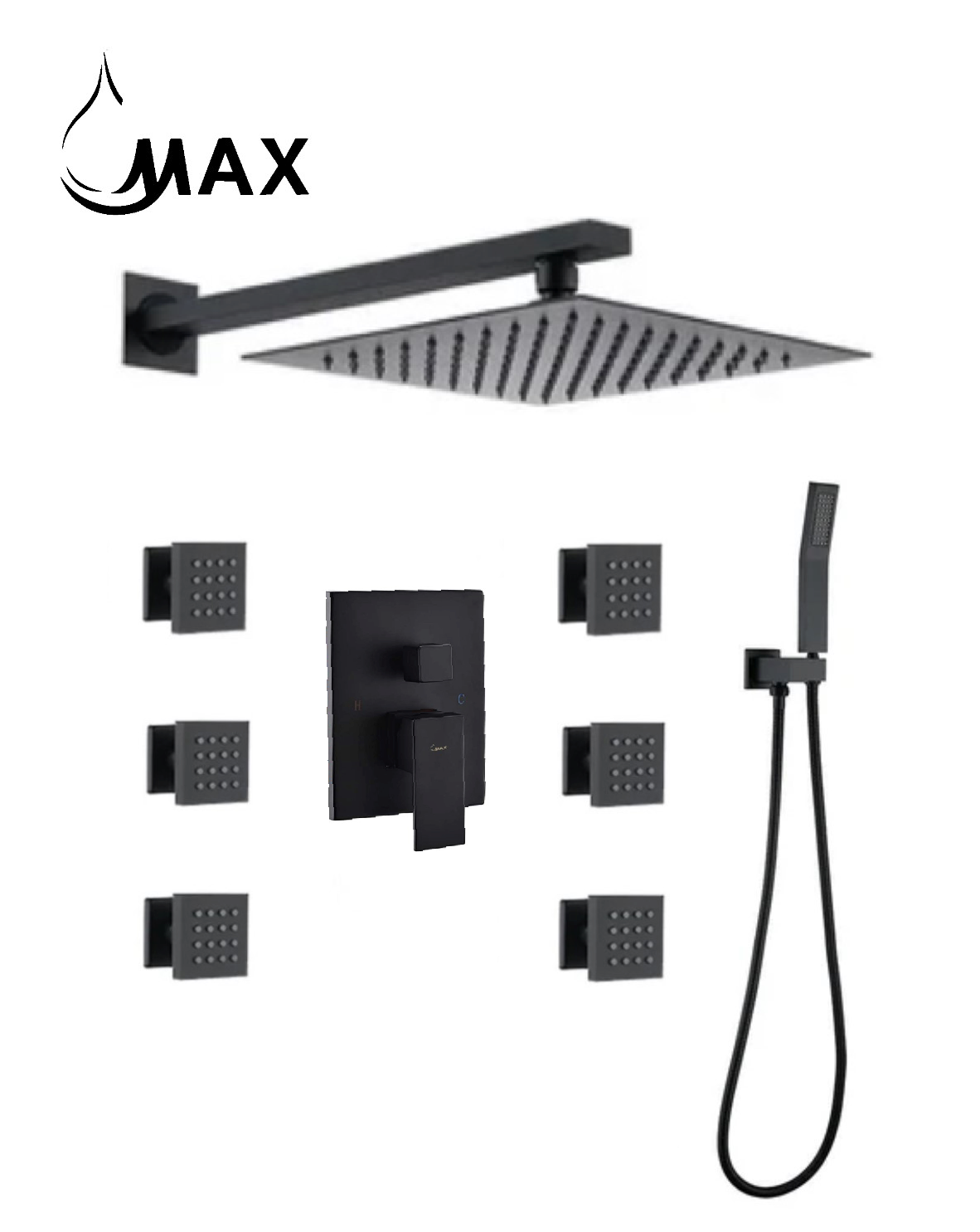 MAX Faucets matte black wall shower system with rainfall shower head, handheld shower and 6 body jets